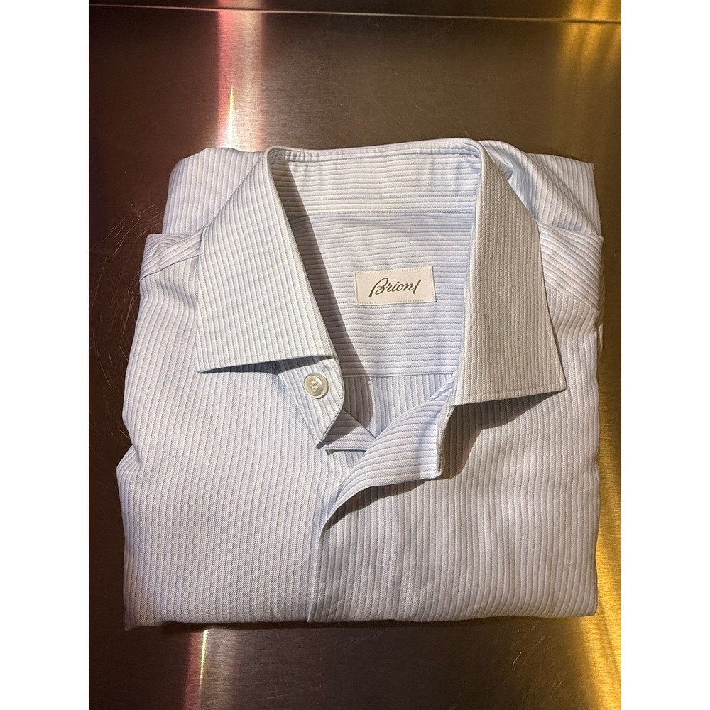 Brioni Men's Dress Shirt Blue/White Striped Silk Cotton Long Sleeve Button Up - Picture 2 of 16